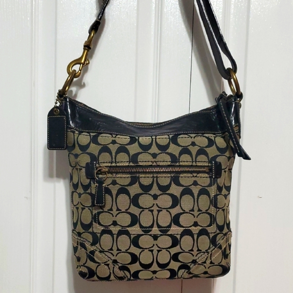 COACH Signature Canvas Shoulder Bag in Black and Tan